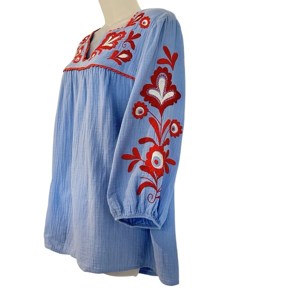 Boden Boho Embroidered Blouse Sz 12 Blue Red 3/4 Balloon Sleeve Cotton Peasant - Picture 3 of 13